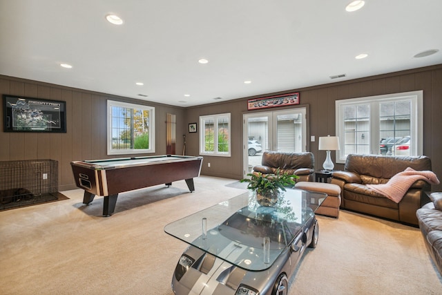 9247 Schrepfer Rd, Howell, MI 48855 - playroom with light colored carpet, recessed lighting, pool table, and a wealth of natural light