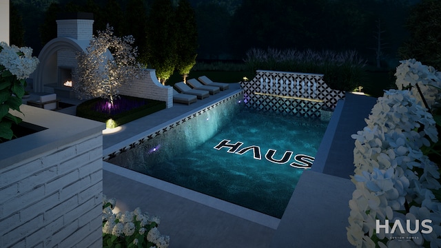 1644 Vista Dr, Oakland, MI 48363 - view of swimming pool with a warm lit fireplace