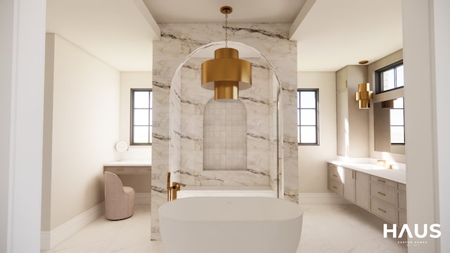 1644 Vista Dr, Oakland, MI 48363 - bathroom with marble finish floor, a freestanding bath, vanity, and baseboards
