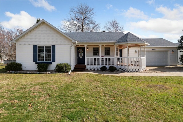 ranch-style house featuring a shingled roof, a front lawn, a porch, concrete driveway, and a garage