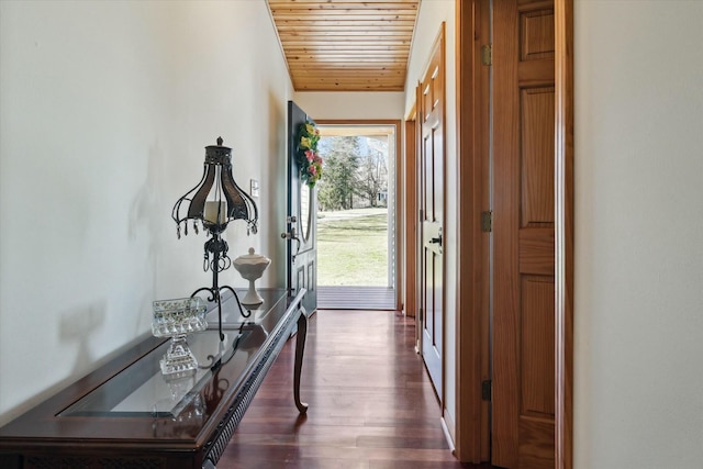 hallway featuring wooden ceiling and dark wood-style flooring