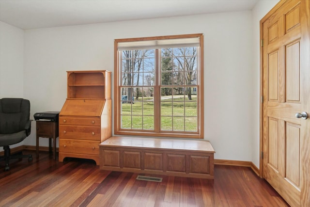office featuring a wealth of natural light, visible vents, baseboards, and dark wood-style flooring