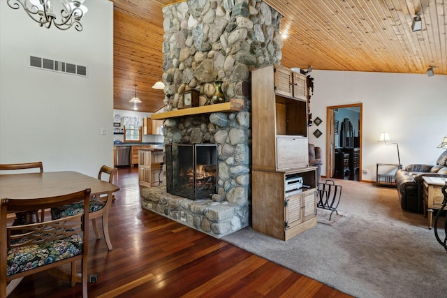 living area with visible vents, high vaulted ceiling, wooden ceiling, and dark wood finished floors