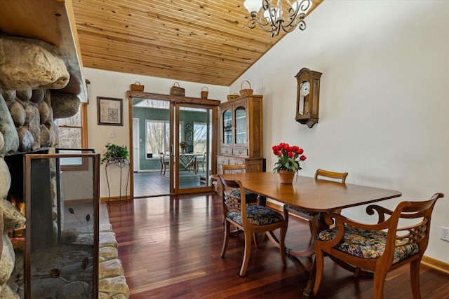 dining room with wood finished floors, baseboards, lofted ceiling, wooden ceiling, and a chandelier