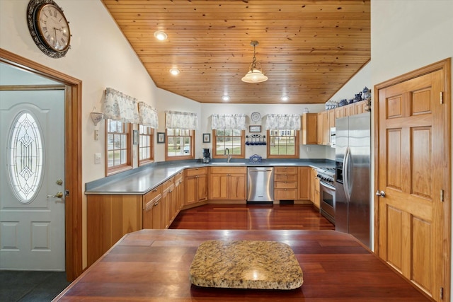 kitchen with a sink, stainless steel appliances, lofted ceiling, and wooden ceiling