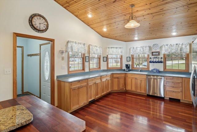 kitchen featuring lofted ceiling, dark wood-style flooring, wooden ceiling, stainless steel dishwasher, and a sink