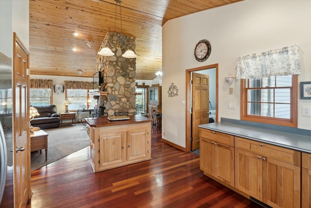 kitchen with dark wood-style floors, wood ceiling, pendant lighting, open floor plan, and a chandelier