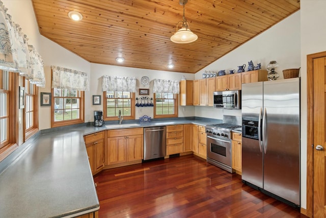 kitchen with pendant lighting, a sink, stainless steel appliances, wooden ceiling, and dark wood-style flooring