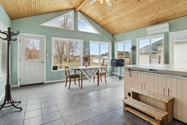sunroom featuring lofted ceiling with beams, wood ceiling, and a wall mounted AC