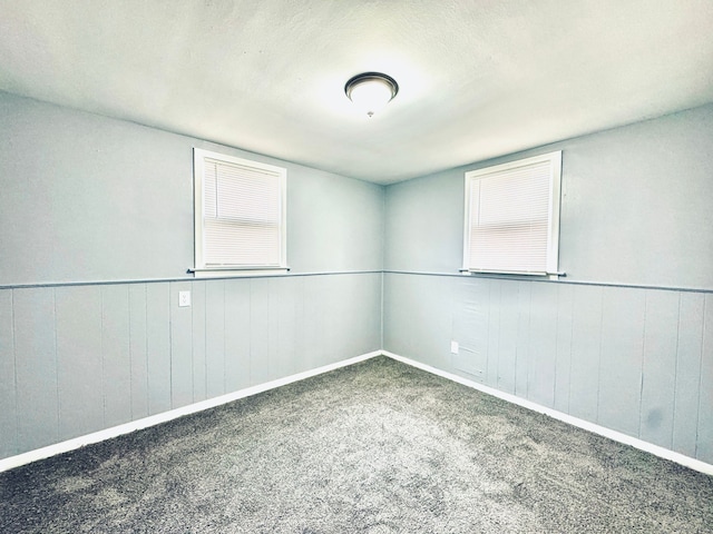 carpeted spare room featuring wooden walls, wainscoting, and baseboards