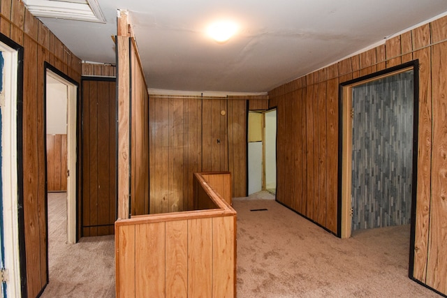 hallway with wood walls and carpet