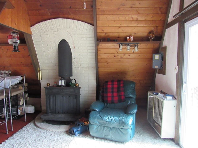 5892 Woodland Dr, Lake, MI 48632 - living area featuring wood walls and a wood stove