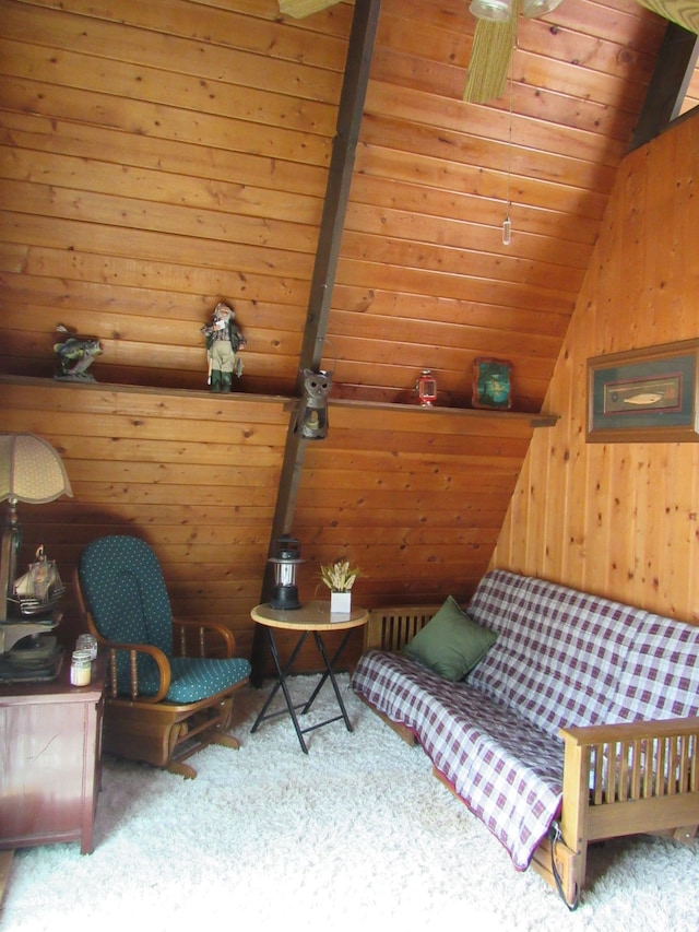 5892 Woodland Dr, Lake, MI 48632 - sitting room with wooden ceiling, lofted ceiling, carpet, and wooden walls