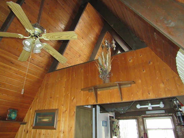 5892 Woodland Dr, Lake, MI 48632 - interior details with ceiling fan, wooden walls, beam ceiling, and wood ceiling