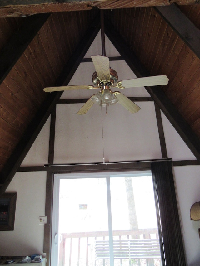 5892 Woodland Dr, Lake, MI 48632 - interior details featuring a ceiling fan, wooden ceiling, and beam ceiling