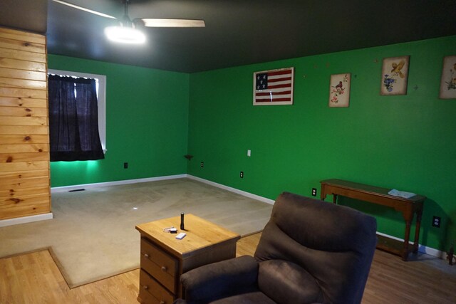 1758 Manor Rd, Au Gres, MI 48703 - sitting room featuring visible vents, ceiling fan, baseboards, and wood finished floors