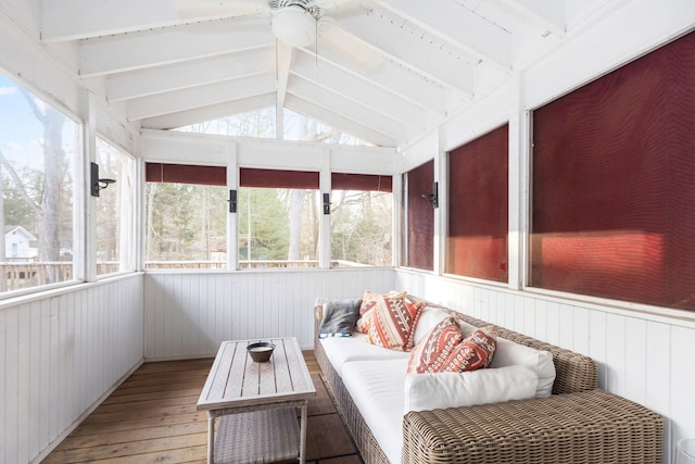 9696 Union Pier Rd, Union Pier, MI 49129 - unfurnished sunroom with ceiling fan and vaulted ceiling with beams