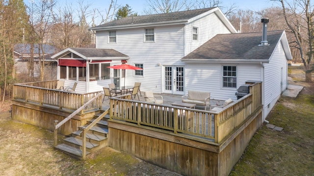 9696 Union Pier Rd, Union Pier, MI 49129 - rear view of house with french doors, a wooden deck, and a shingled roof