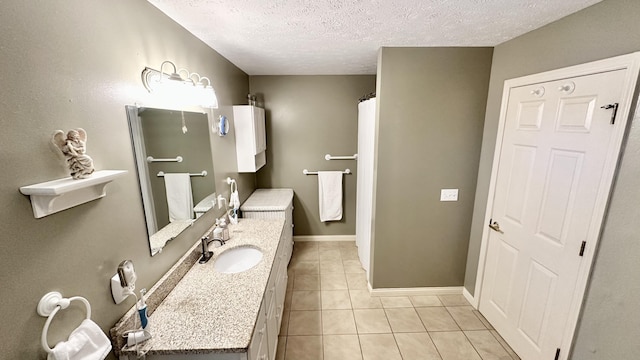 70255 51st St, Lawrence, MI 49064 - full bath with tile patterned flooring, vanity, baseboards, a shower with shower curtain, and a textured ceiling