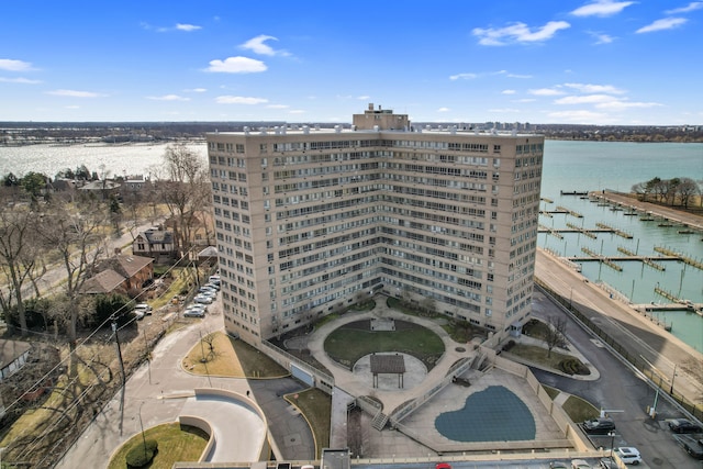view of building exterior featuring a water view