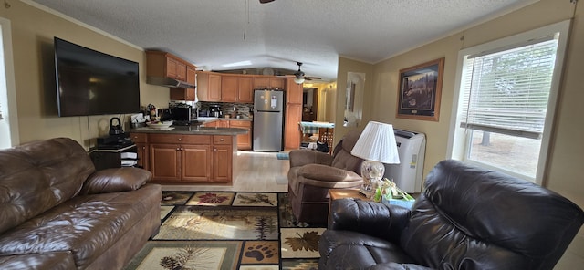 3867 Joseph St, Wellston, MI 49689 - living room featuring ceiling fan, lofted ceiling, light wood-style floors, and a textured ceiling