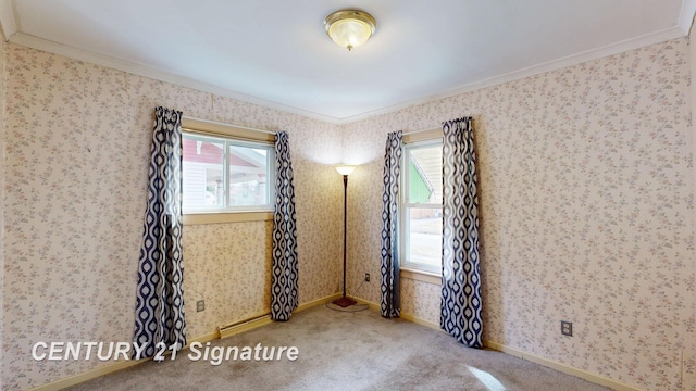 308 S Elm St, Saginaw, MI 48602 - spare room featuring baseboards, carpet, crown molding, and wallpapered walls