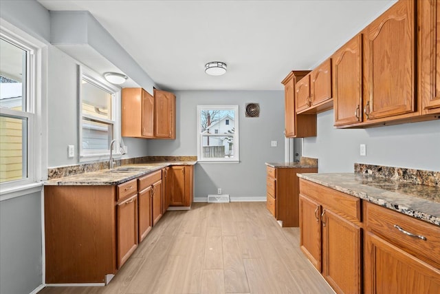 550 Royal Dr, Jackson, MI 49202 - kitchen with brown cabinets, visible vents, stone counters, and a sink