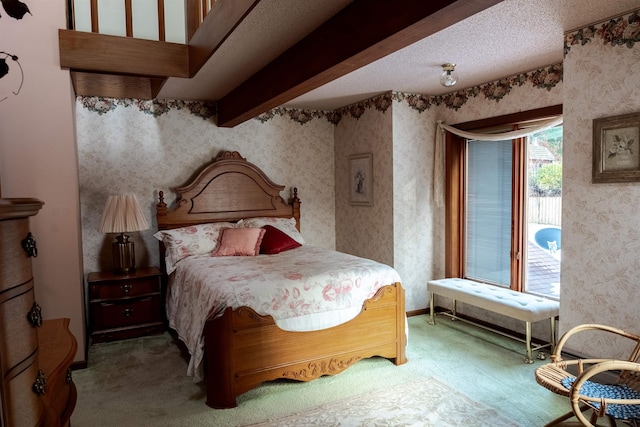 carpeted bedroom featuring beam ceiling, a textured ceiling, and wallpapered walls