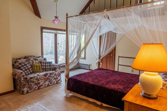 carpeted bedroom featuring vaulted ceiling and a baseboard radiator