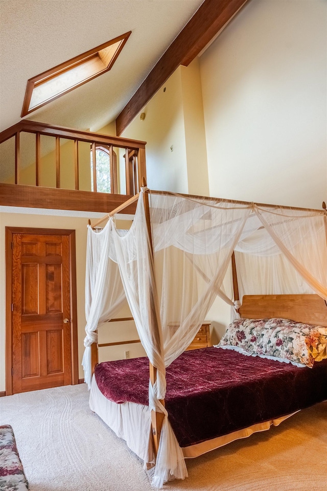 stairs featuring lofted ceiling with beams and carpet