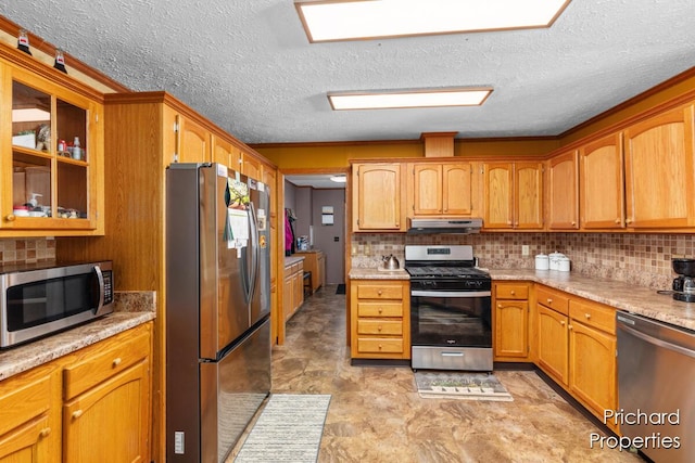 kitchen with under cabinet range hood, tasteful backsplash, a textured ceiling, appliances with stainless steel finishes, and light countertops