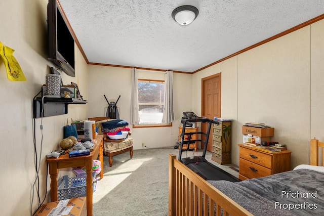 carpeted bedroom with a textured ceiling and ornamental molding