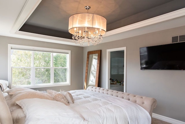220 S Castell Ave, Rochester, MI 48307 - bedroom featuring a tray ceiling, a chandelier, carpet floors, and baseboards