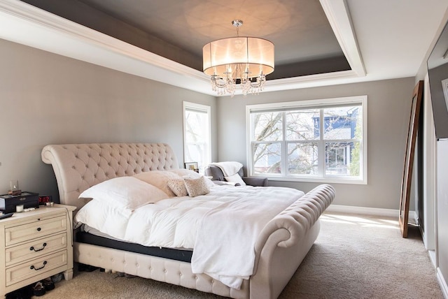 220 S Castell Ave, Rochester, MI 48307 - bedroom with a tray ceiling, light carpet, multiple windows, and a chandelier