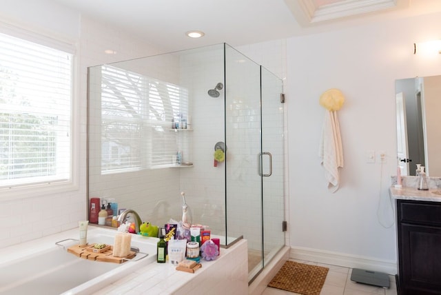 220 S Castell Ave, Rochester, MI 48307 - bathroom featuring a bath, a stall shower, vanity, and tile patterned flooring