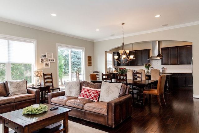220 S Castell Ave, Rochester, MI 48307 - living room featuring a chandelier, dark wood-style floors, recessed lighting, and ornamental molding