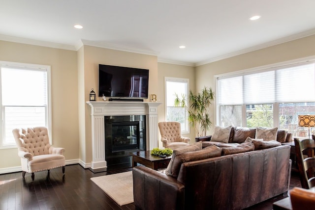 220 S Castell Ave, Rochester, MI 48307 - living room with baseboards, recessed lighting, dark wood-type flooring, a glass covered fireplace, and ornamental molding