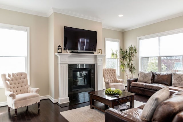 220 S Castell Ave, Rochester, MI 48307 - living area featuring dark wood-style floors, baseboards, ornamental molding, a glass covered fireplace, and recessed lighting