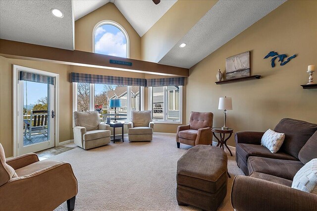 4144 Ridge Rd Unit 16, Stevensville, MI 49127 - carpeted living room featuring healthy amount of natural light, baseboards, high vaulted ceiling, and recessed lighting