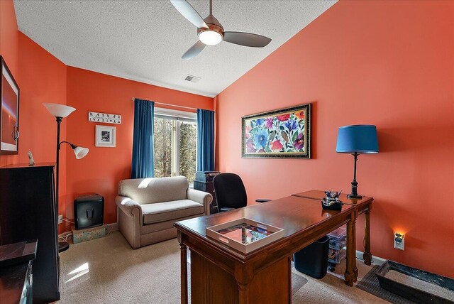 4144 Ridge Rd Unit 16, Stevensville, MI 49127 - office area with light carpet, vaulted ceiling, ceiling fan, and a textured ceiling