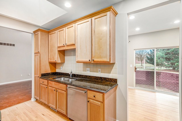 50128 Bethesda, Shelby Twp, MI 48317 - kitchen featuring a sink, stainless steel dishwasher, light wood-style flooring, visible vents, and dark stone counters