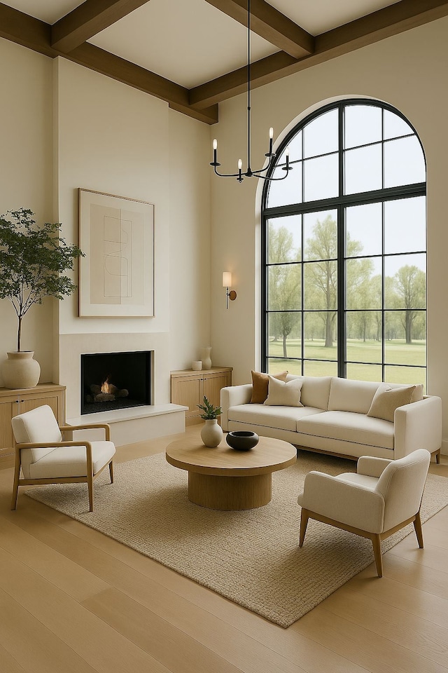1632 Vista Dr, Oakland, MI 48363 - living area featuring a notable chandelier, a lit fireplace, wood finished floors, and beamed ceiling
