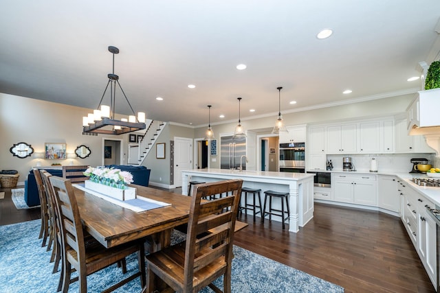 dining room featuring crown molding, stairway, recessed lighting, and dark wood-style floors