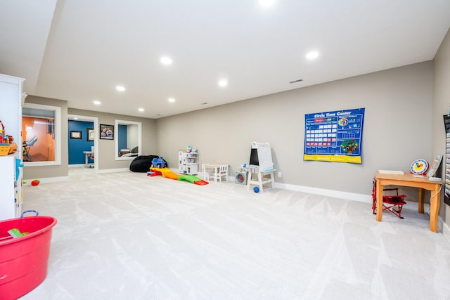 playroom featuring recessed lighting, baseboards, and carpet floors