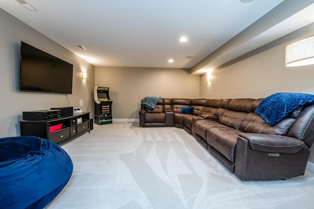 living area featuring visible vents, recessed lighting, baseboards, and light carpet