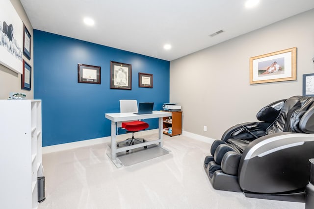 carpeted office featuring recessed lighting, visible vents, and baseboards
