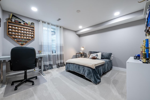 bedroom with visible vents, recessed lighting, baseboards, and carpet floors