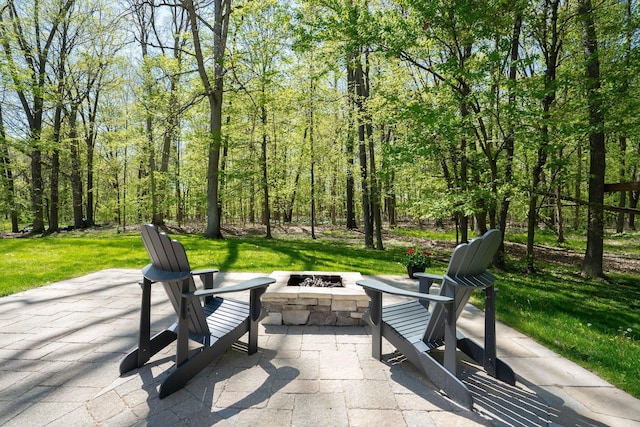 21395 Laser Ln, South Lyon, MI 48178 - view of patio / terrace featuring an outdoor fire pit and a forest view