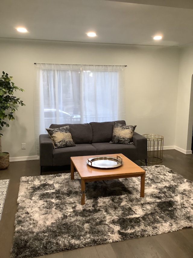living area featuring dark wood finished floors, recessed lighting, and baseboards