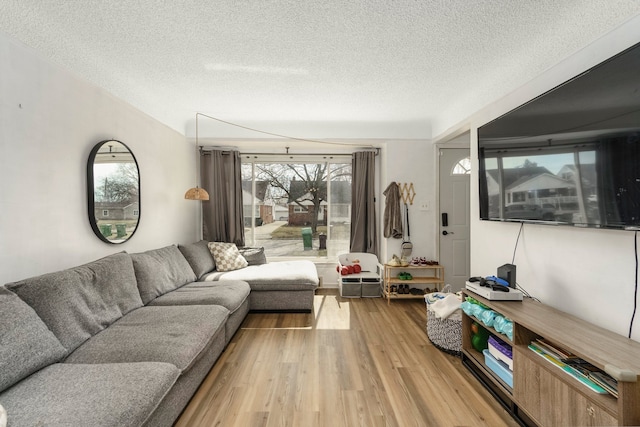 living area featuring light wood-type flooring and a textured ceiling